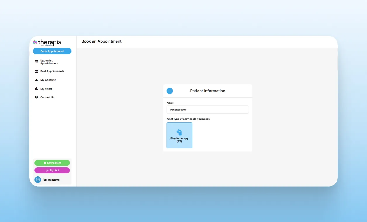 Choosing service in Therapia app.