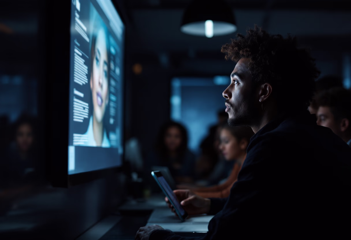 image of a teacher interacting with students using digital tools (for an edtech)
