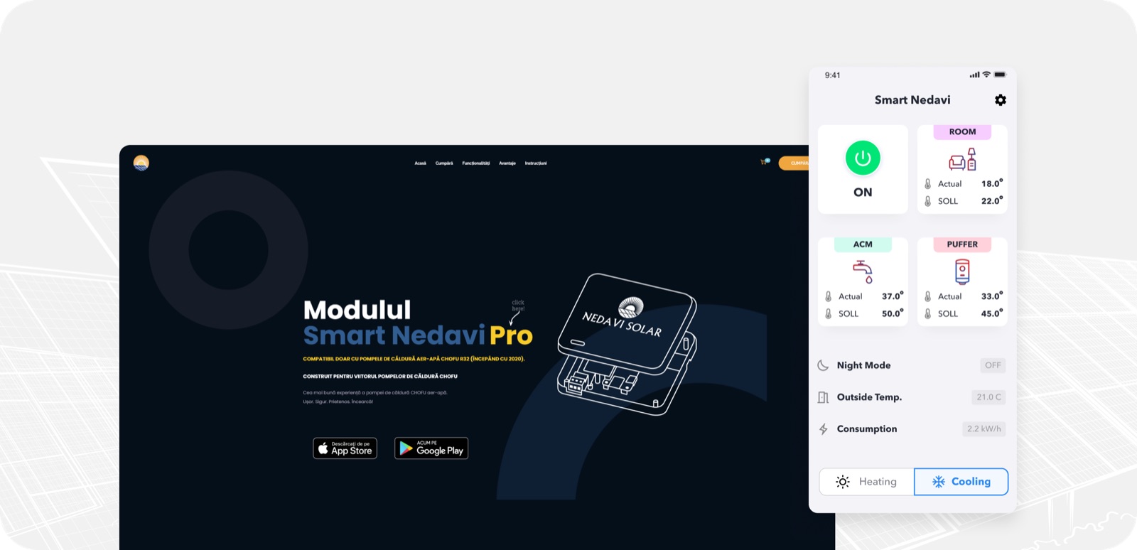 Smart Nedavi web dashboard and mobile app shown next to the Pro IoT module