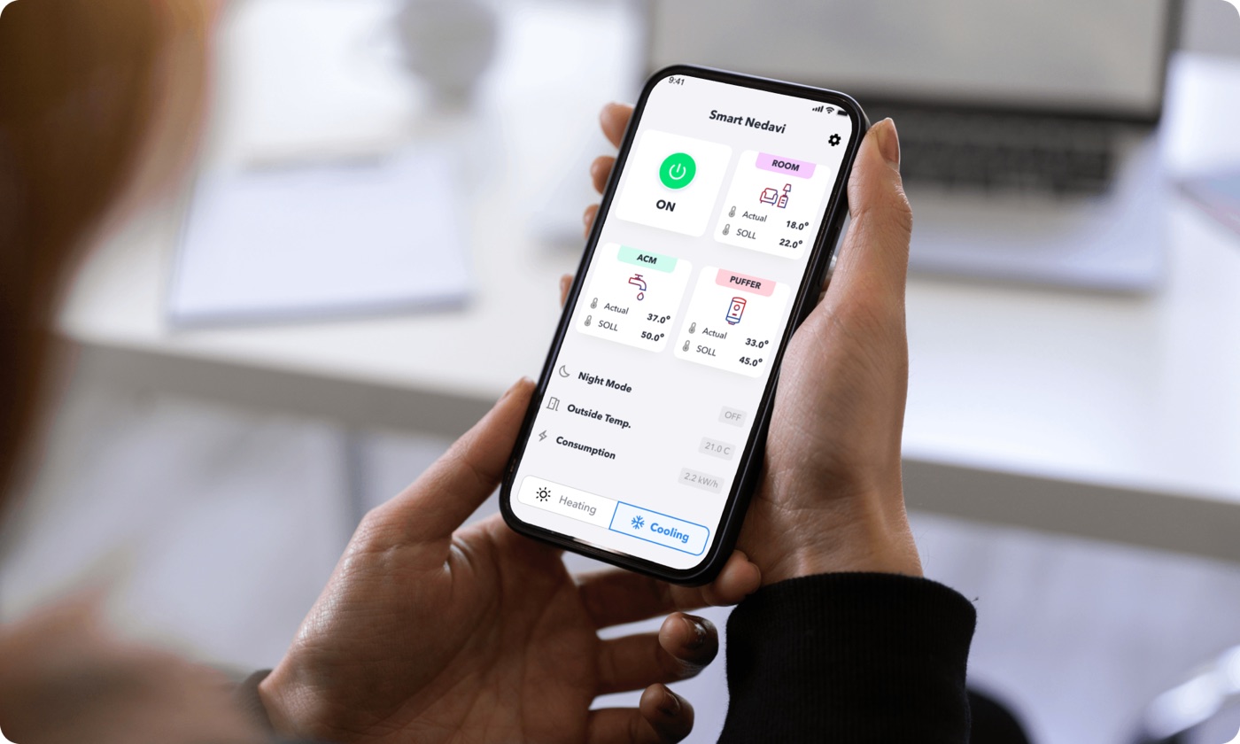 Homeowner controlling a Chofu heat pump from the Smart Nedavi app on a phone