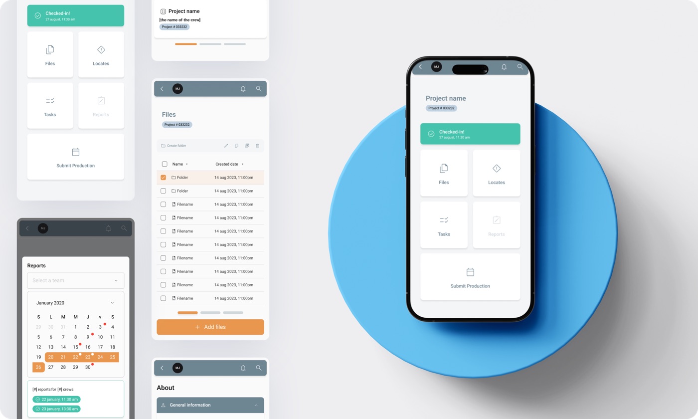 RubixLink mobile screens for projects, reports, and check-in