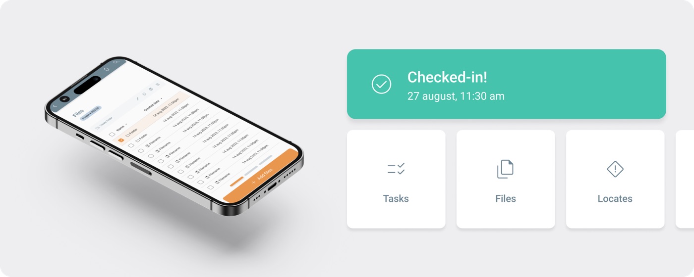 RubixLink check-in screen with task, file, and locate tiles