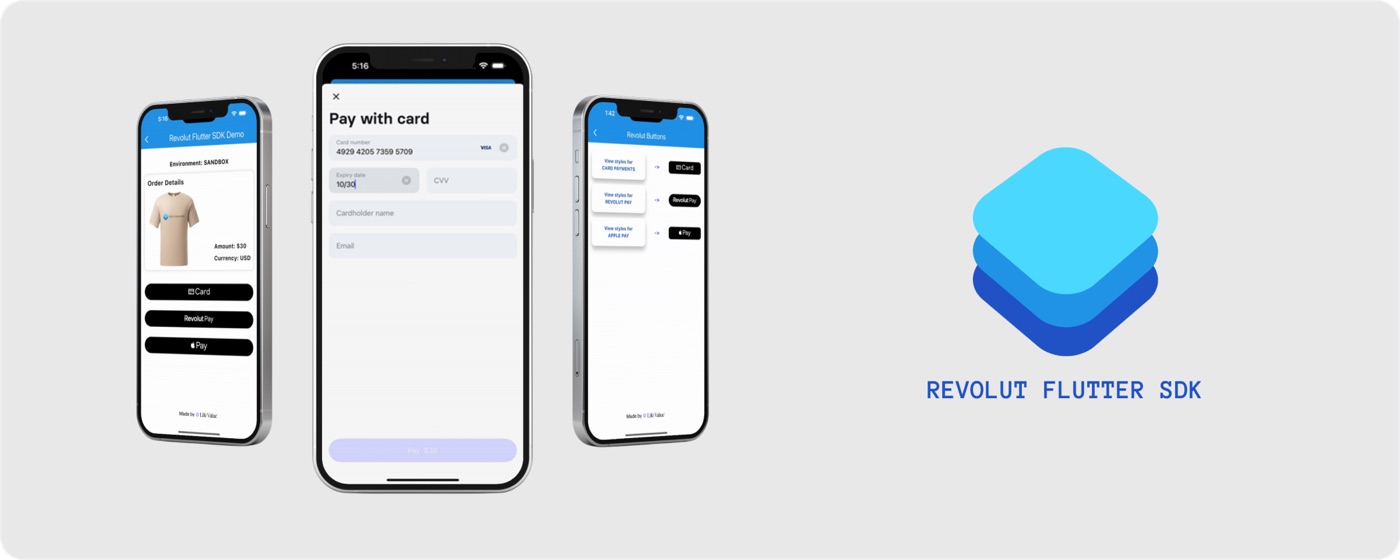 Flutter app payment screens next to the Revolut Flutter SDK logo
