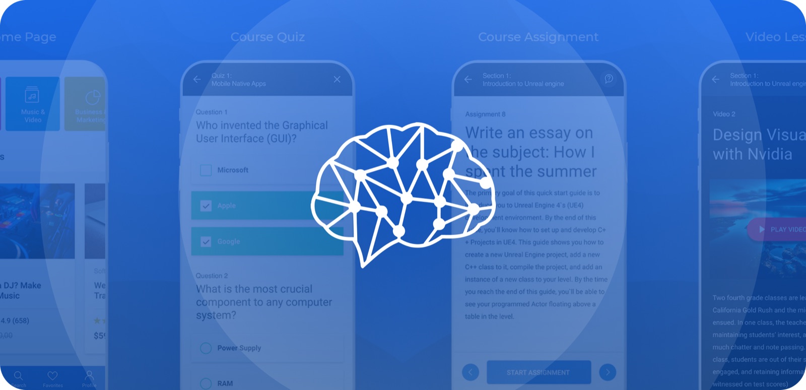 FeedMyMind e-learning app screens with course quizzes and assignments