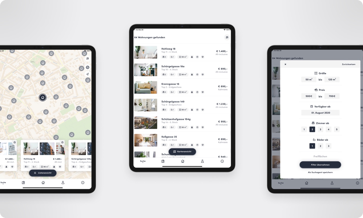 Tablet views of the apartment platform showing a map, listings, and search filters