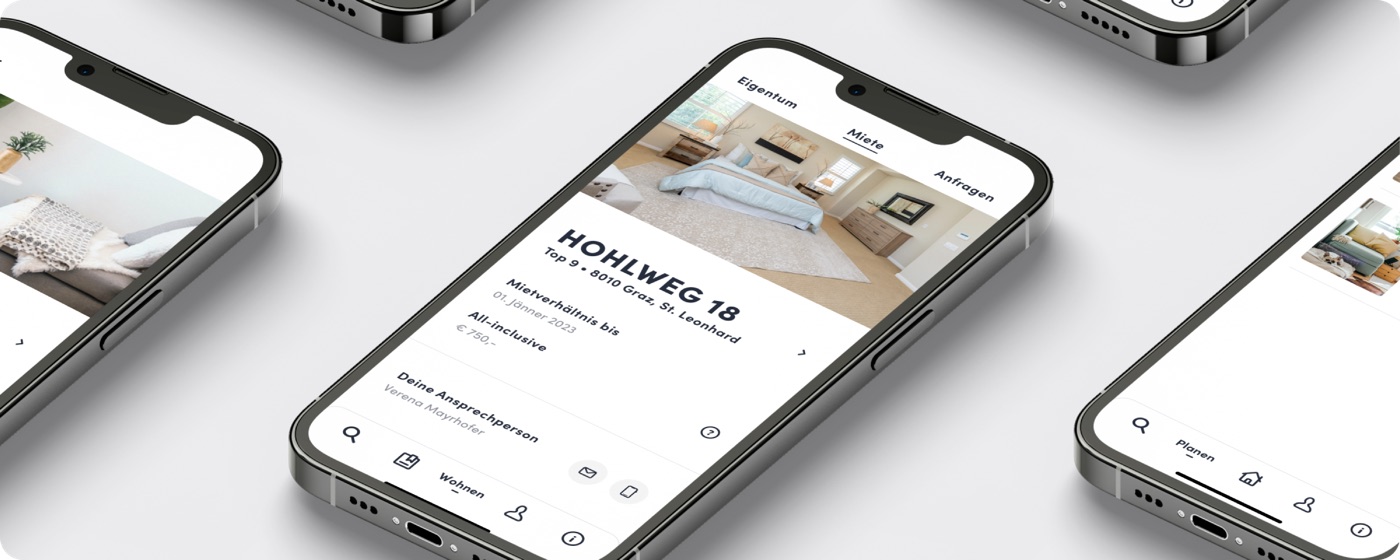 Mobile screens showing an apartment listing and details in the app