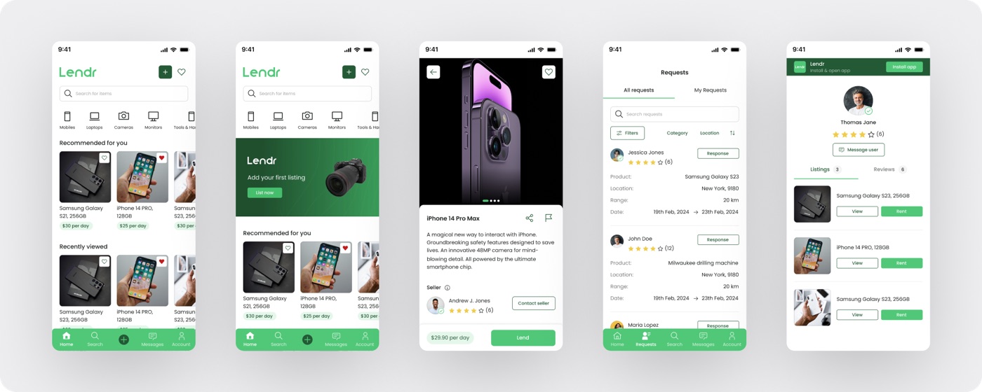 Lendr app screens for browsing listings, viewing an item, and reading member reviews