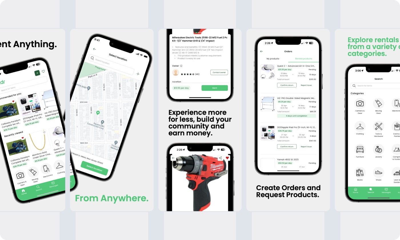 Lendr onboarding screens showing rent anything from anywhere with map search and category browsing