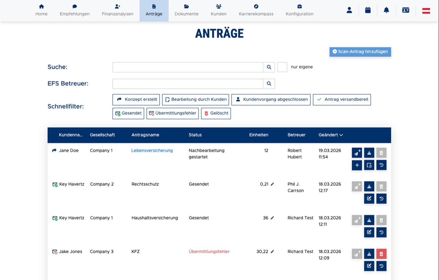 Applications list showing insurance contracts and their status