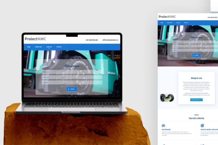 ProiectAMC.ro tyre catalog homepage on a laptop