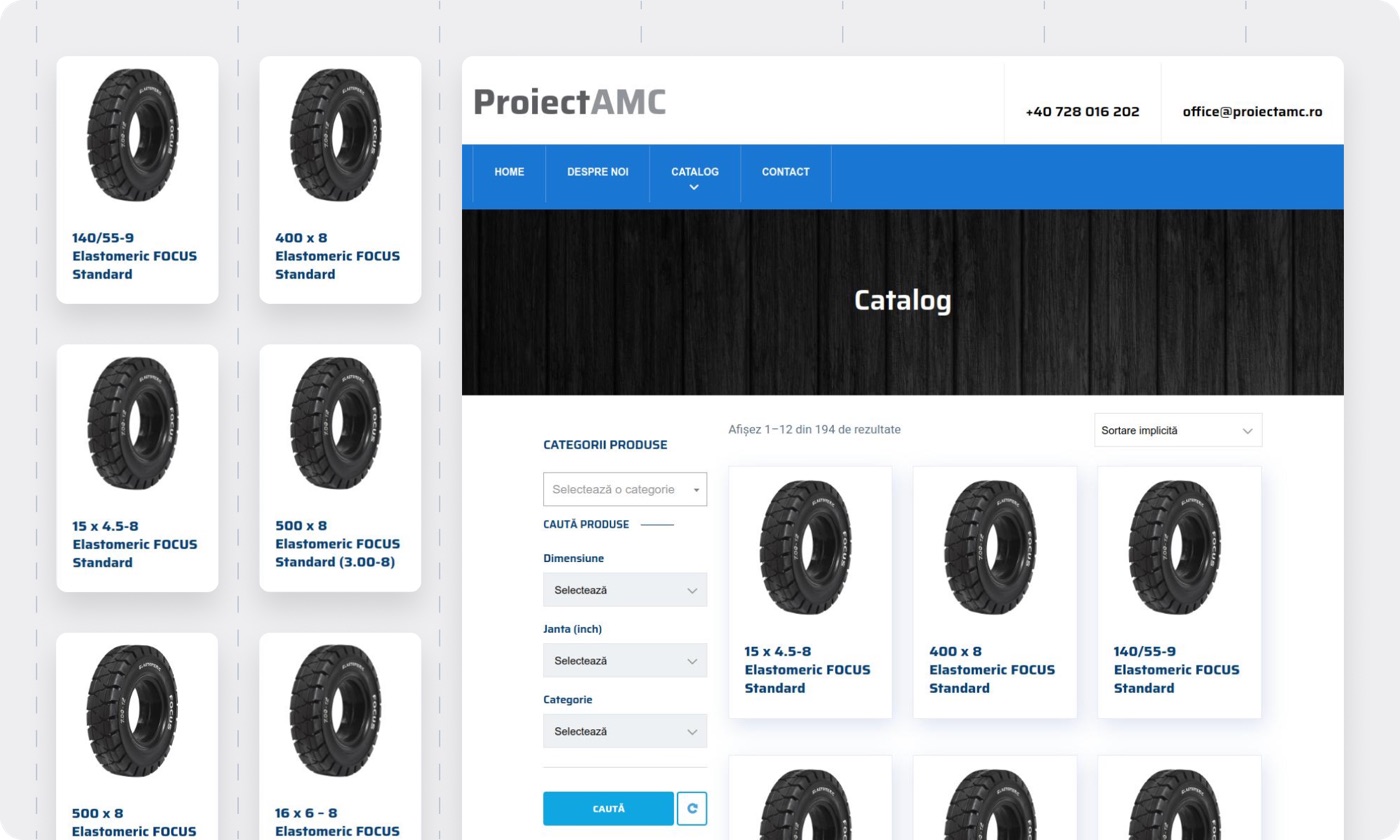ProiectAMC.ro catalog page with category and dimension filters