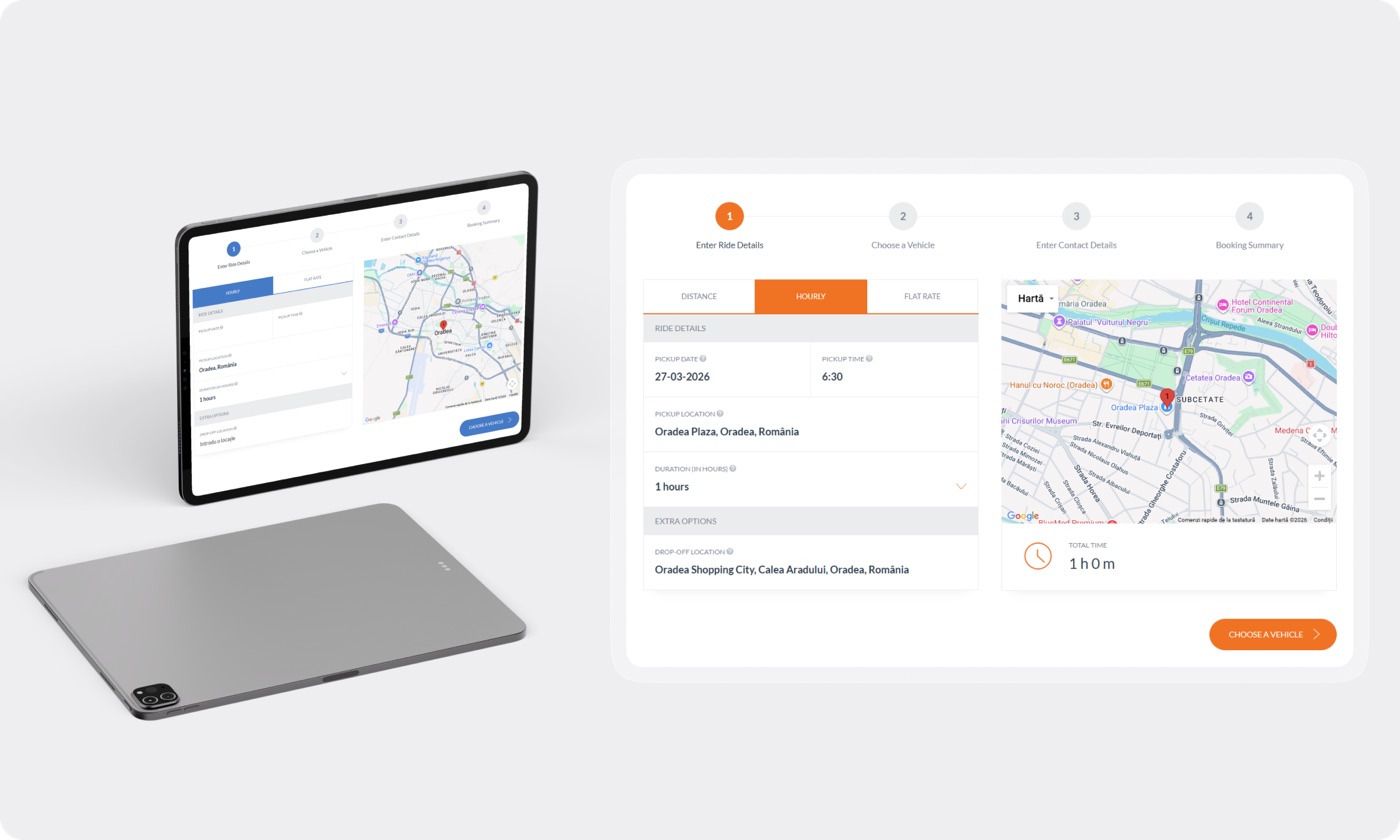 Ex-Transfer.com booking step with pickup details and a route map