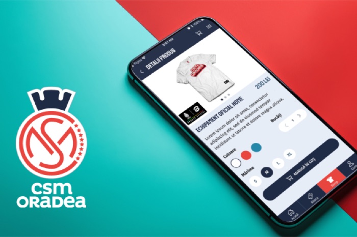 CSM Oradea app on a phone next to the club logo in red and teal