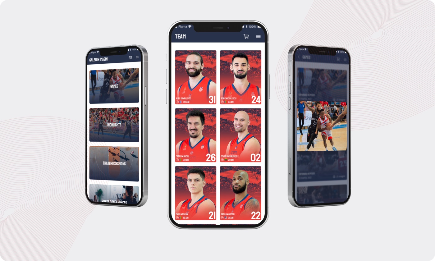 CSM Oradea app screens showing team news, the player roster, and game highlights