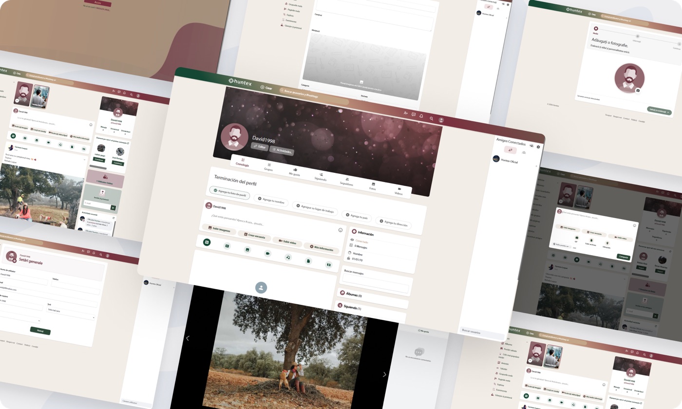 Collage of Huntex community screens showing feeds, profiles, and posts