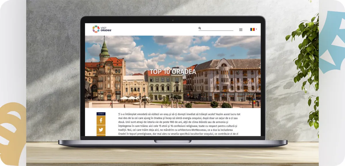 VisitOradea.com tourism website shown on a laptop with the Top 10 Oradea page
