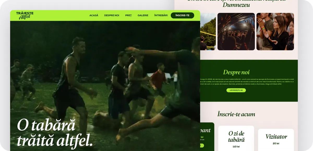 Traieste Altfel camp landing page shown in a browser window