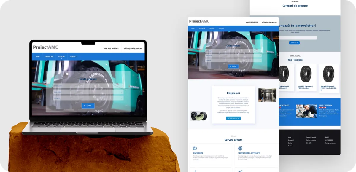 ProiectAMC.ro online tyre catalog shown on a laptop and desktop layout