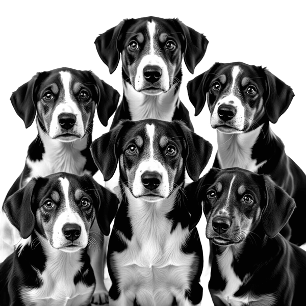 Six puppies looking forward