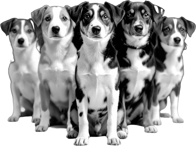 Five dogs in a formation