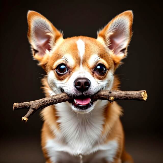 Small dog with a stick in its mouth