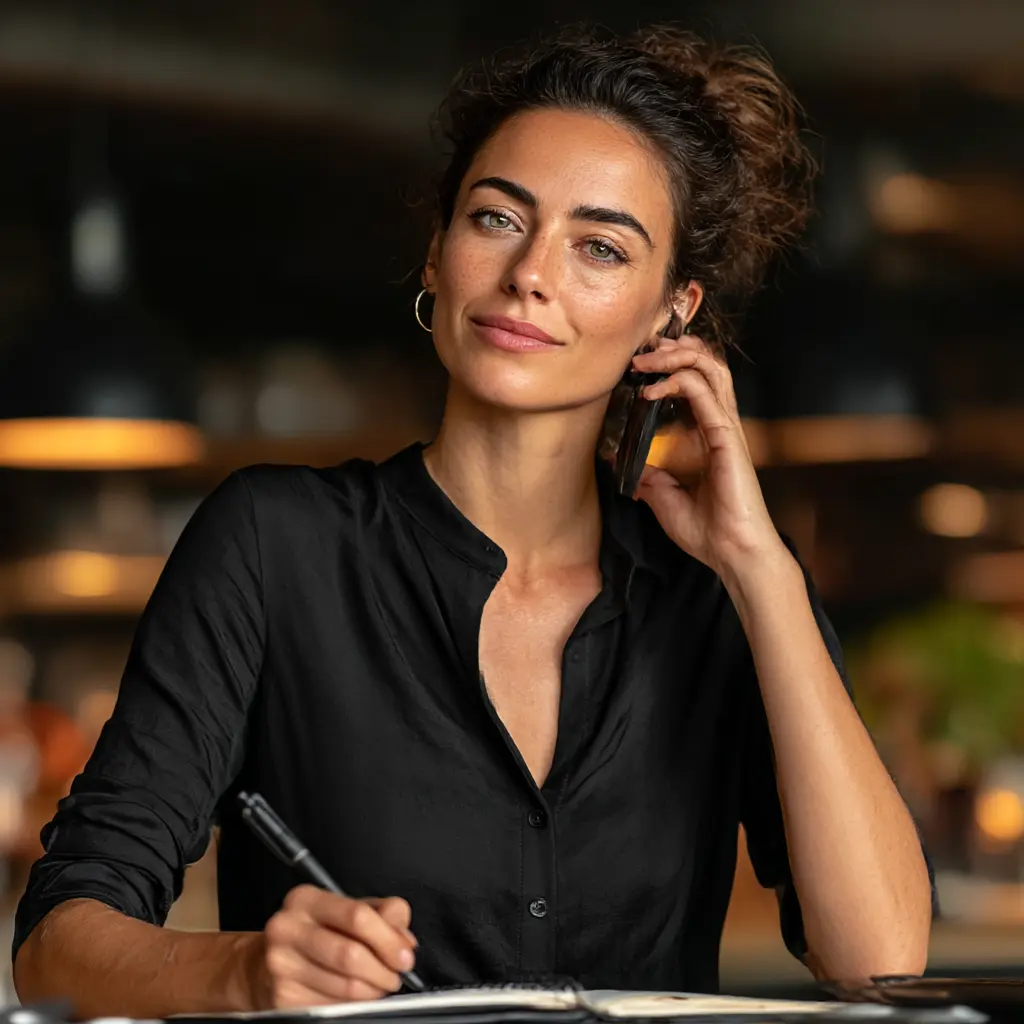 Consultora profesional tomando notas y conversando por teléfono con un cliente en una oficina moderna, preparada para ofrecer soluciones reales.