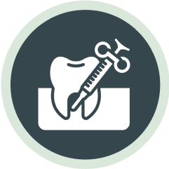 Dental implant procedure icon showing a tooth with a tool for placement. 