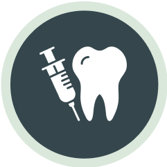 An icon depicting a tooth receiving an injection, often associated with dental anesthesia for procedures like implants.