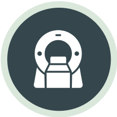 The image displays an icon representing a medical imaging device, most likely a CT scanner or an MRI machine, not a dental X-ray scan showing teeth, braces, or potential wisdom teeth/dental implant areas. It is hard to provide information about the described dental X-ray features because the provided image does not contain them. 