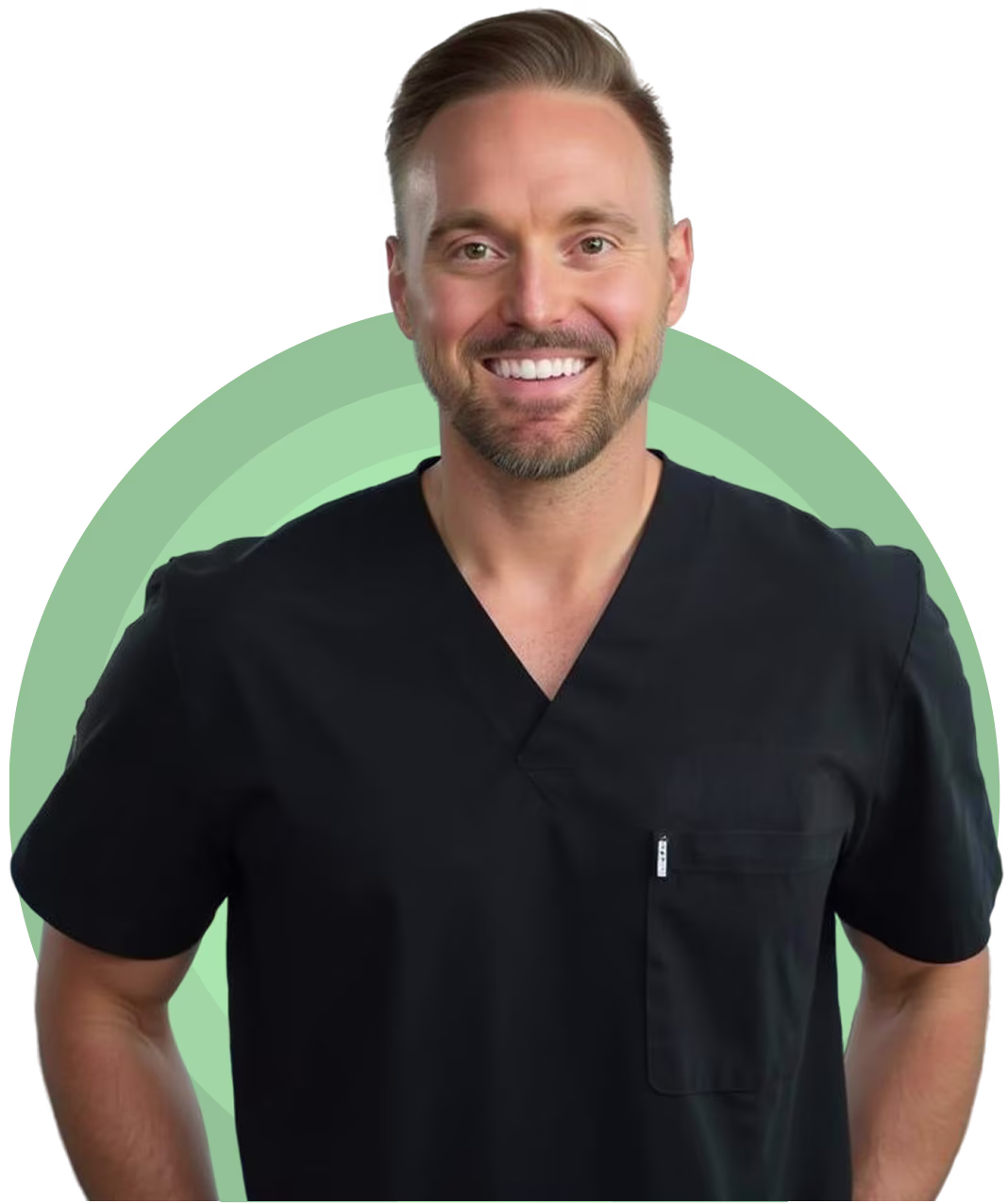 Smiling male healthcare professional in blue scrubs, potentially a dental implants specialist.