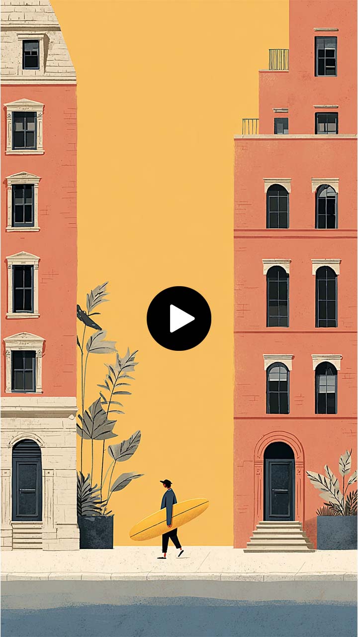  a guy walking with a surfboard on the street illustration