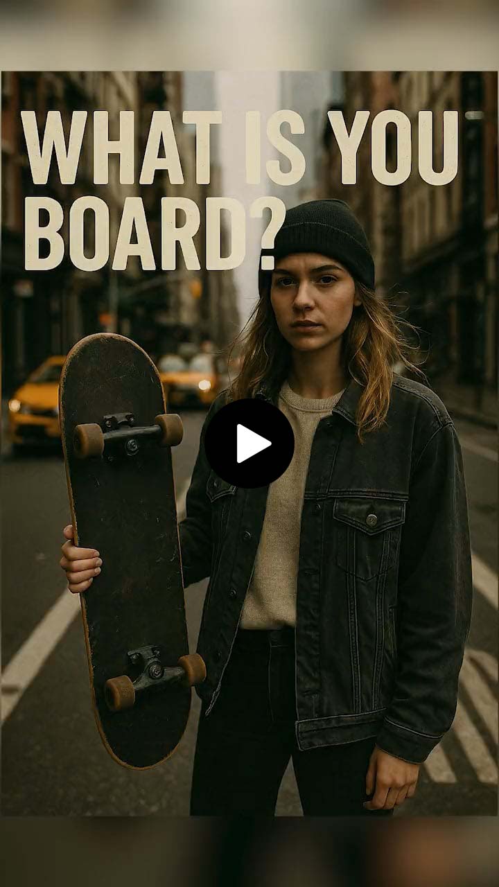 Young woman wearing a black beanie and denim jacket holding a skateboard on a city street with text 'WHAT IS YOU BOARD?'