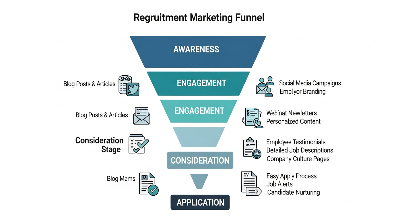 An infographic of the Recruitment Marketing Funnel, showing four stages. The top, widest stage is Awareness, with tactics like blog posts and social media. The next stage is Engagement, with newsletters and webinars. Below that is Consideration, featuring testimonials and job descriptions. The final, narrowest stage is Application, with easy apply processes and job alerts.