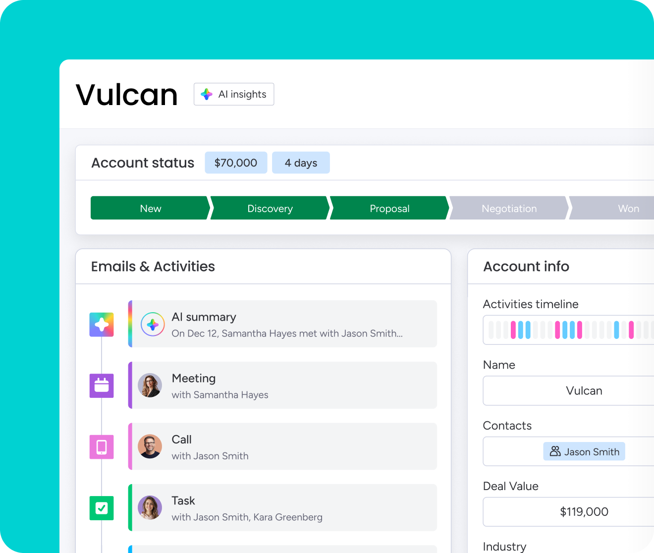 Vulcan account status of emails and activities