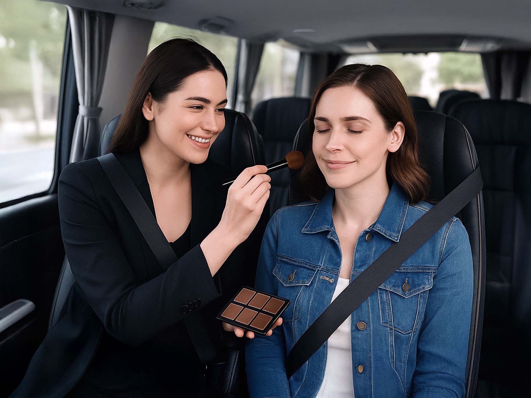 Two women sitting in car seats wearing seatbelts, one applying makeup to the other with a brush and palette.