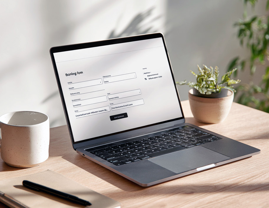Laptop displaying a booking form on a wooden desk next to a coffee mug, a notebook with a pen, and a small potted plant.