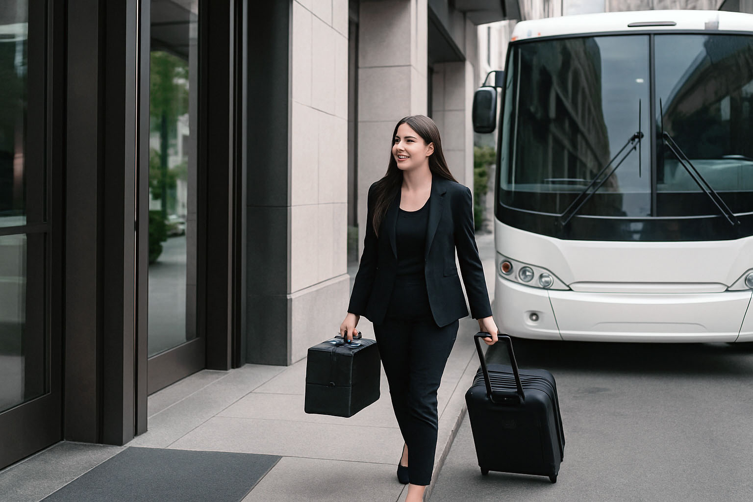 Smiling businesswoman in black suit walking with two suitcases past a white bus outside an office building.