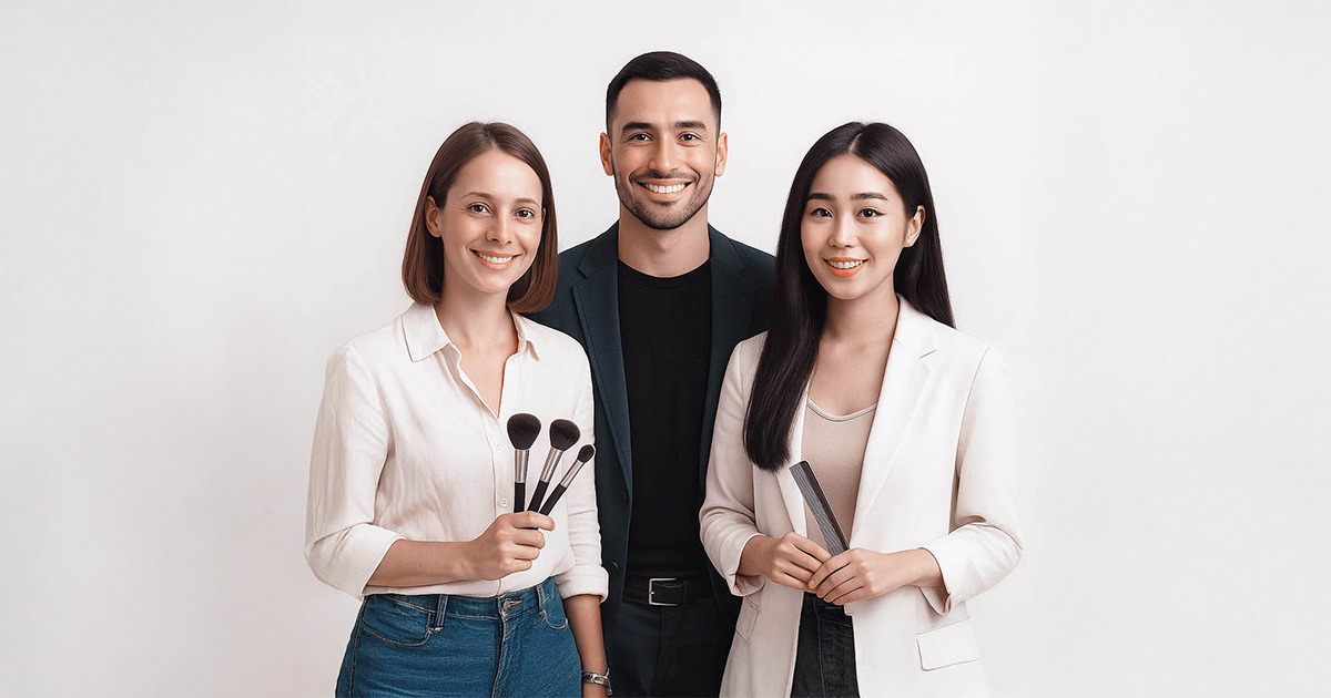 Three smiling professionals standing side by side against a plain white background, one woman holding makeup brushes and another holding a comb.