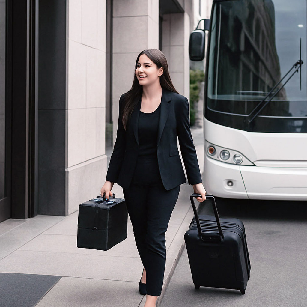 Smiling woman in black business attire walking on city sidewalk pulling a black wheeled suitcase and carrying a black bag, with a white bus in the background.
