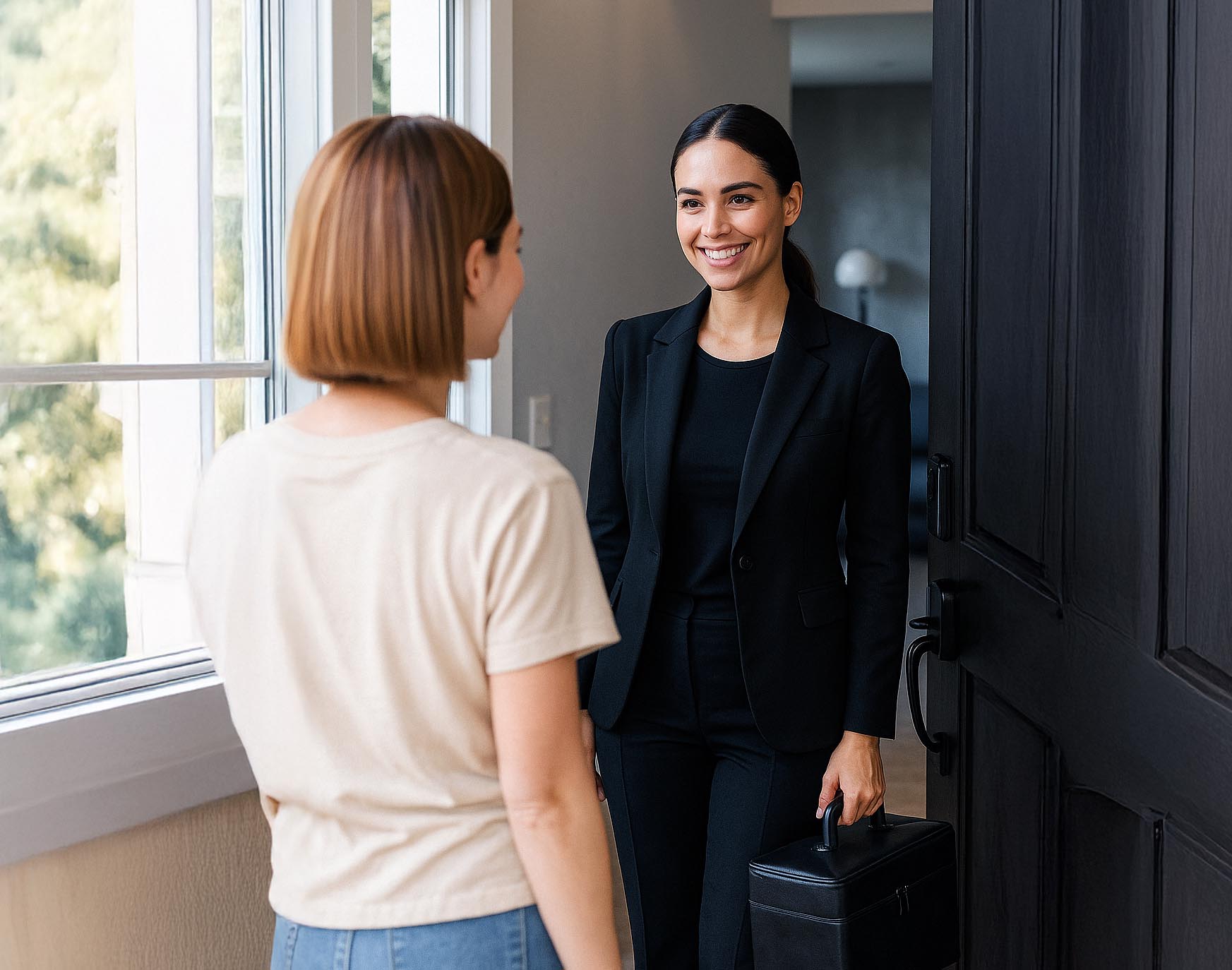 Smiling real estate agent in black suit holding a briefcase greeting a woman at her home door.