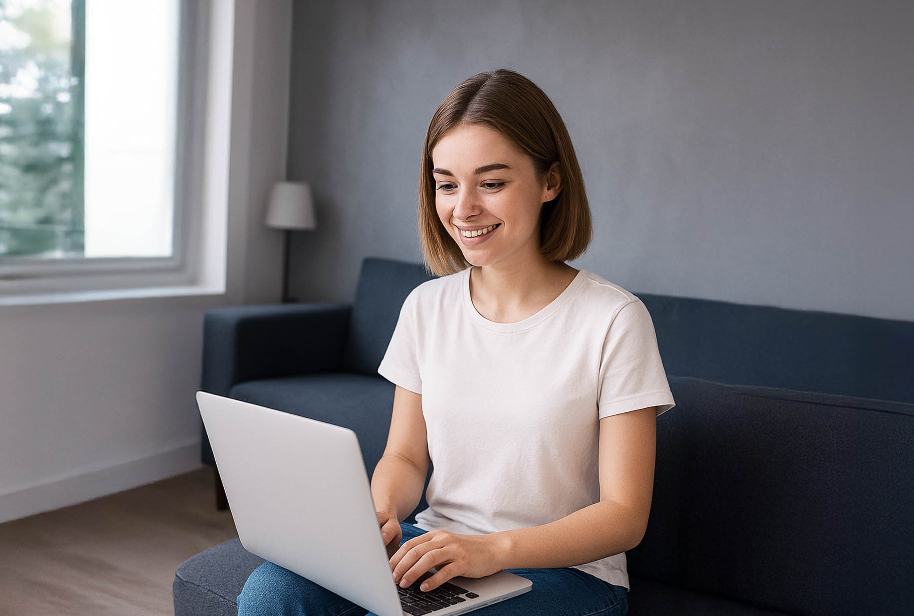 Young woman sitting on a couch smiling while using a laptop.