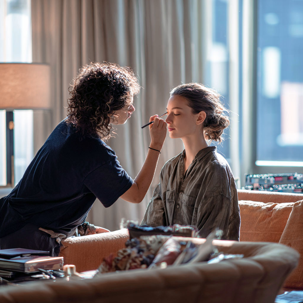 Makeup artist applying eye makeup to a woman sitting on a couch.