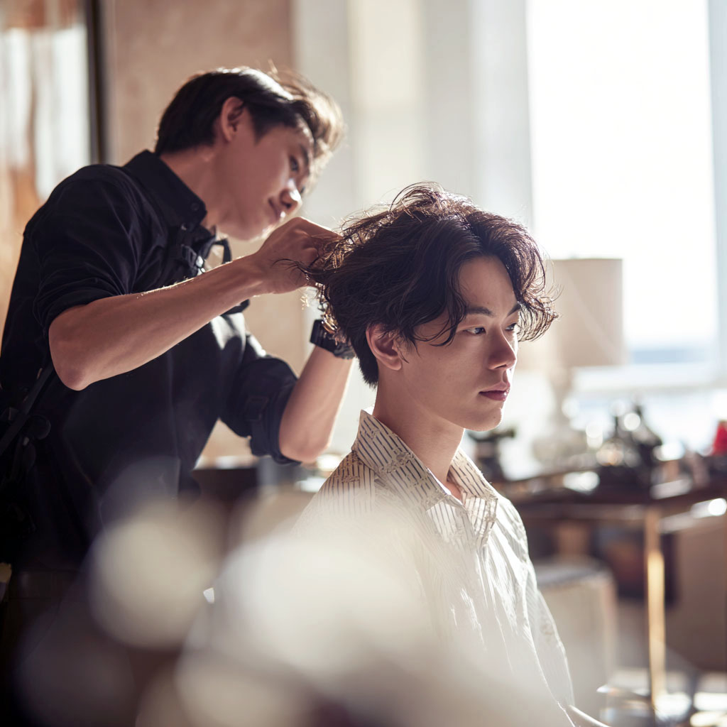 Hairdresser styling a young man's wavy hair in a softly lit room.