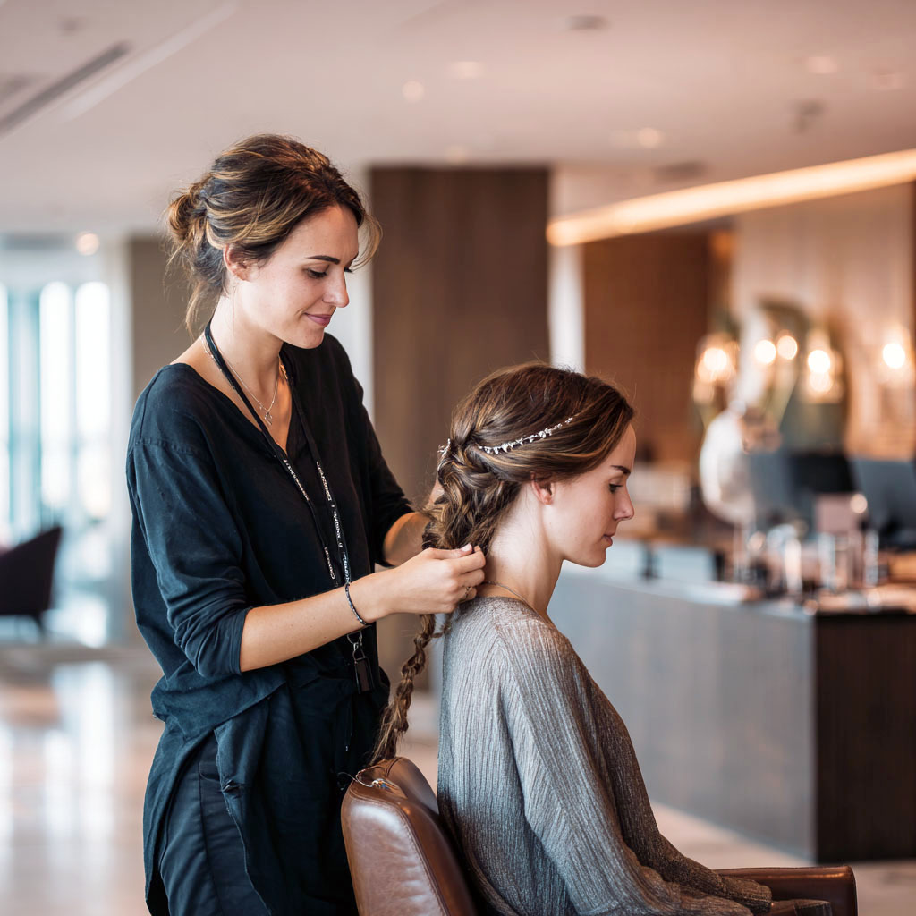 Hairdresser braiding a woman's long hair adorned with a decorative hairpiece.