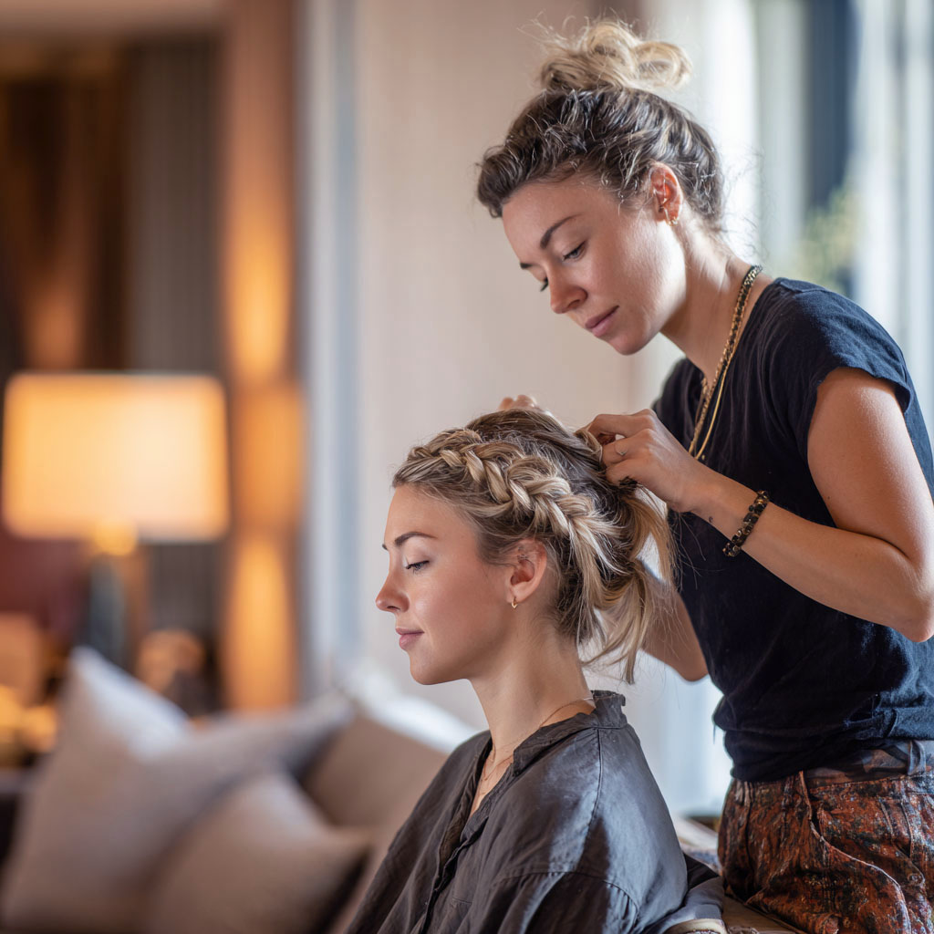 Woman braiding another woman's hair indoors with soft lighting in the background.