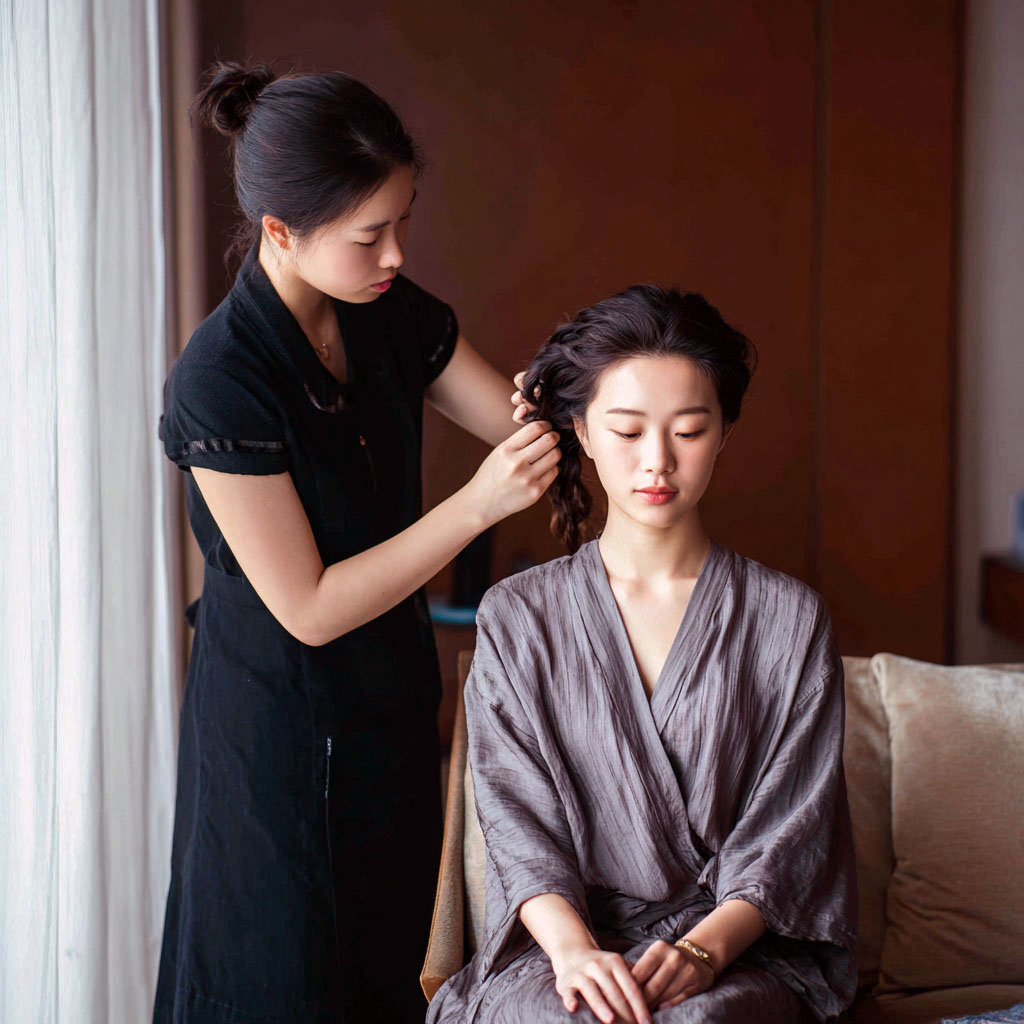 Woman in a black dress styling the hair of a seated woman wearing a grey robe.