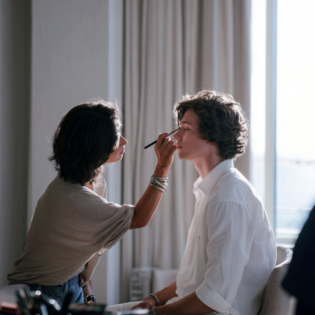 A makeup artist applies cosmetics with a brush to a young man's closed eyes.