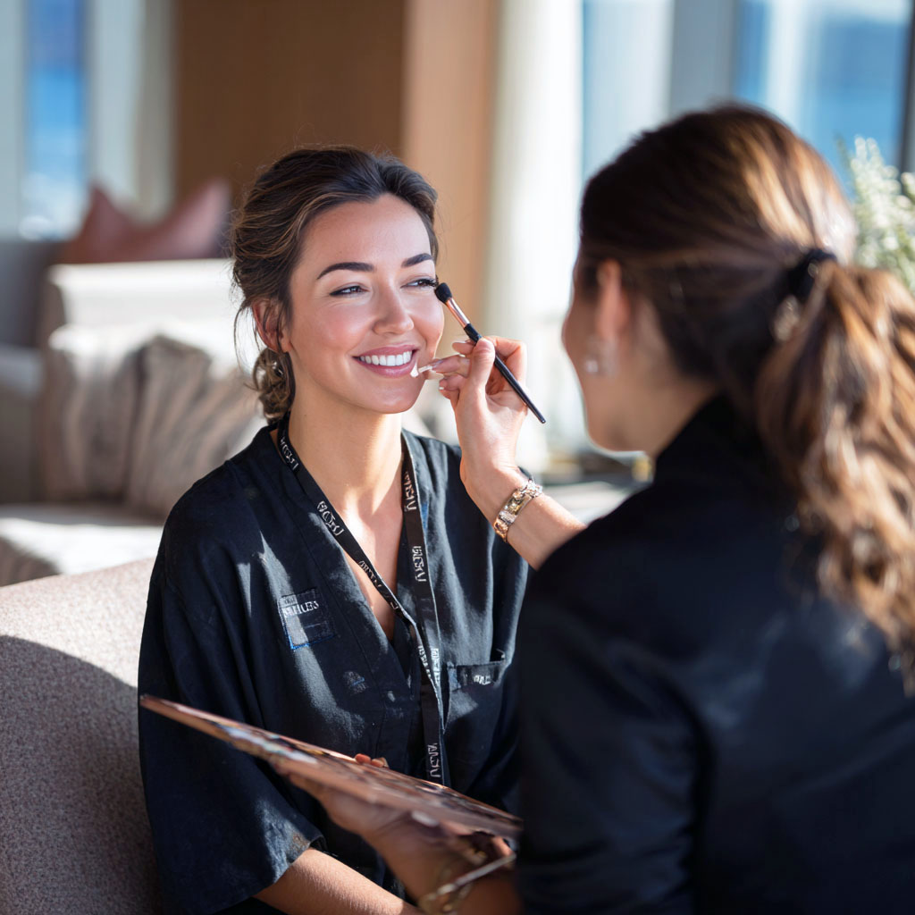 Smiling woman having makeup applied by a makeup artist using a brush and palette indoors.