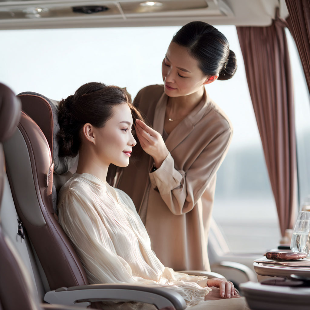 A makeup artist adjusting a woman's hair as she sits comfortably in a seat near the window.
