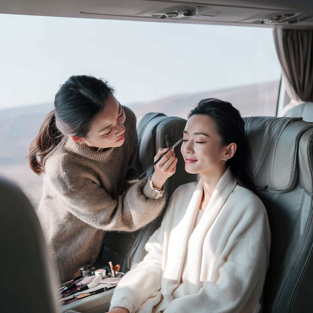A woman applies eye makeup to another woman seated comfortably in a chair.